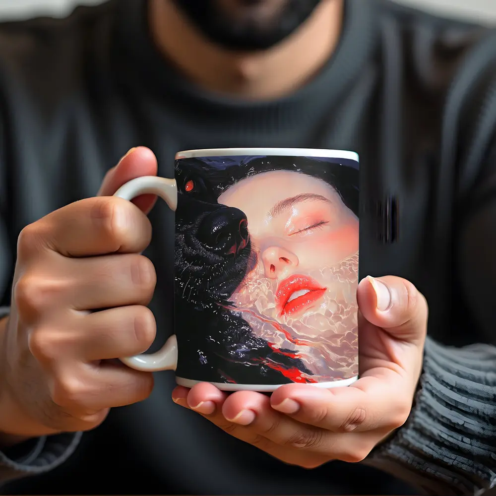 Woman and Black Wolf in Water – Mugs