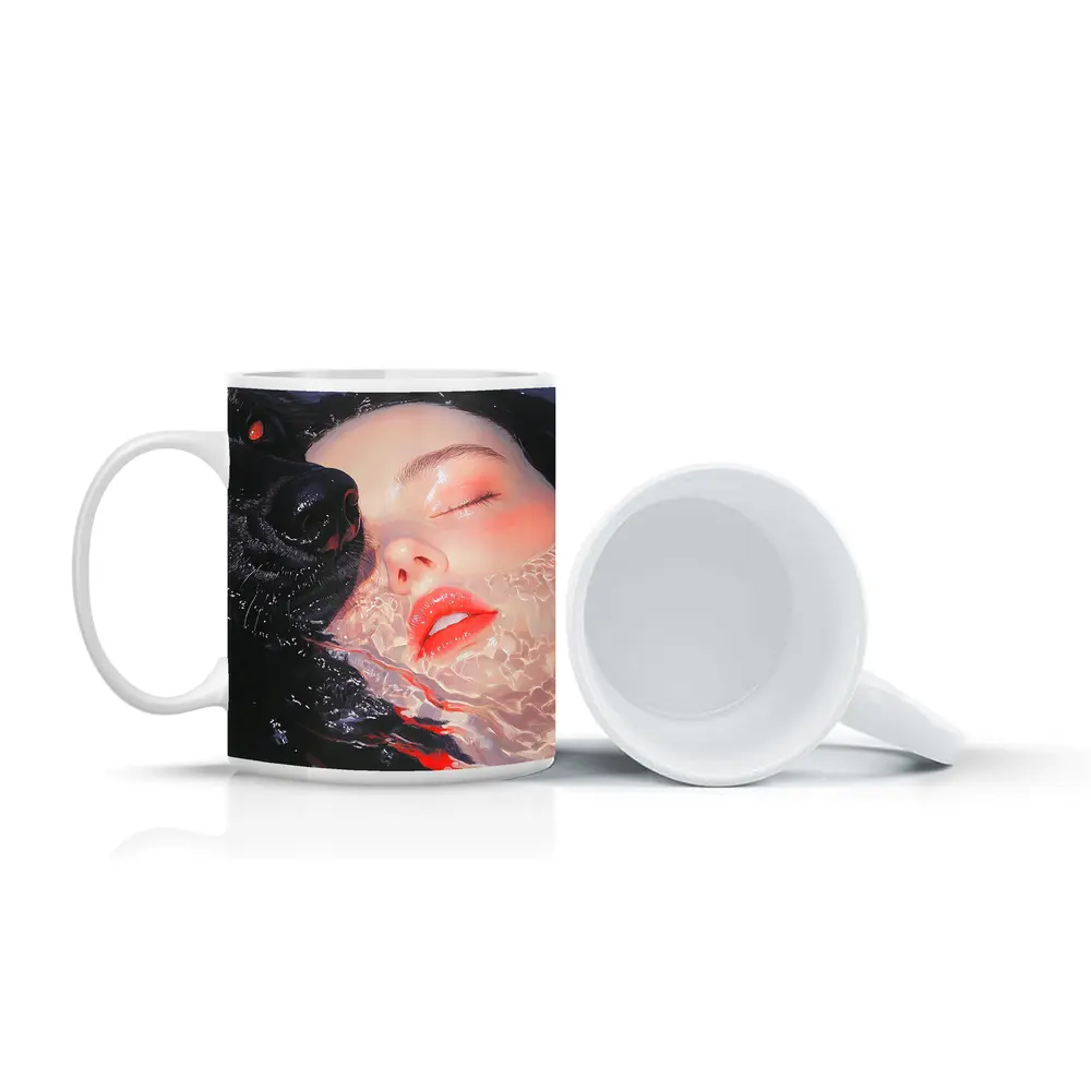 Woman and Black Wolf in Water – Mugs