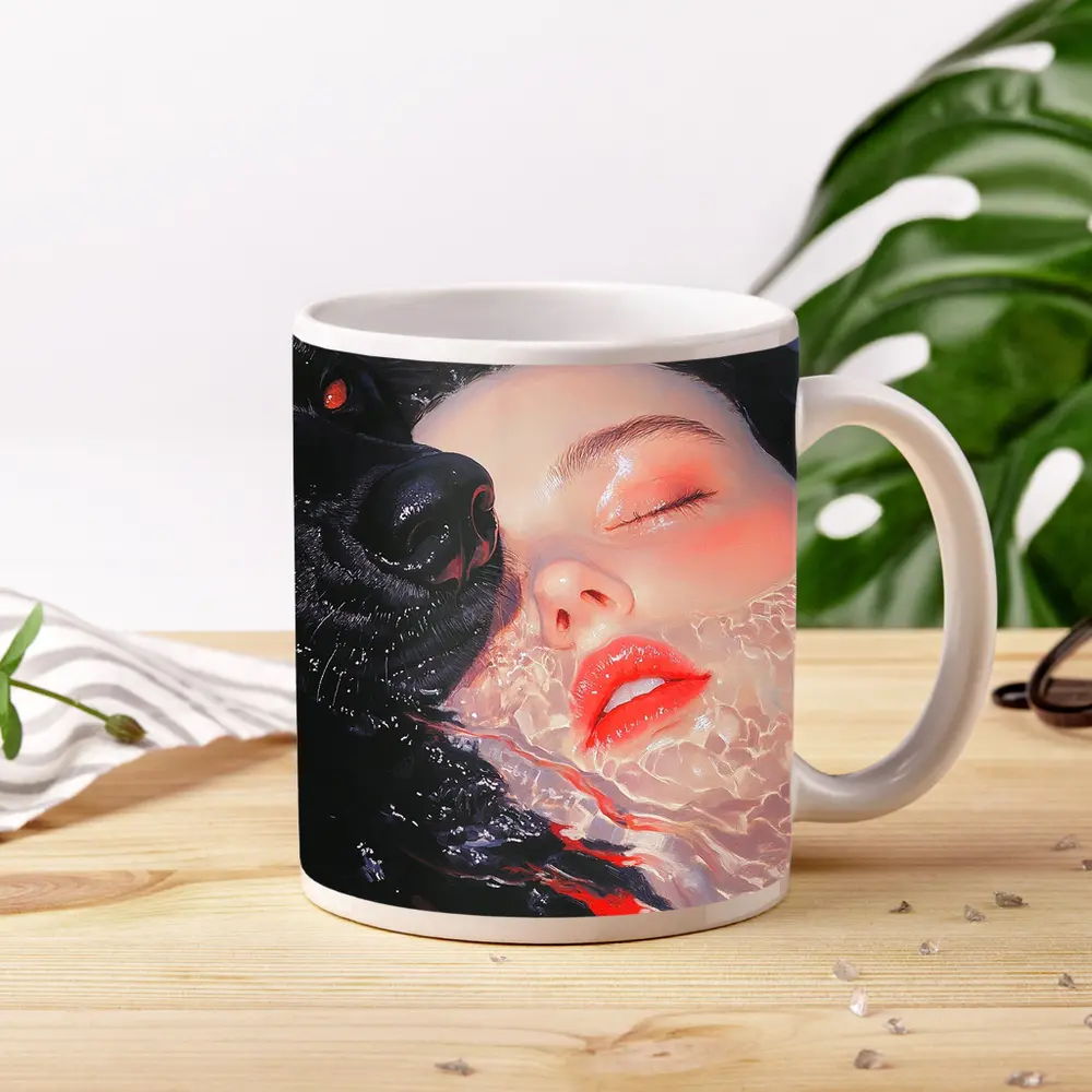 Woman and Black Wolf in Water – Mugs