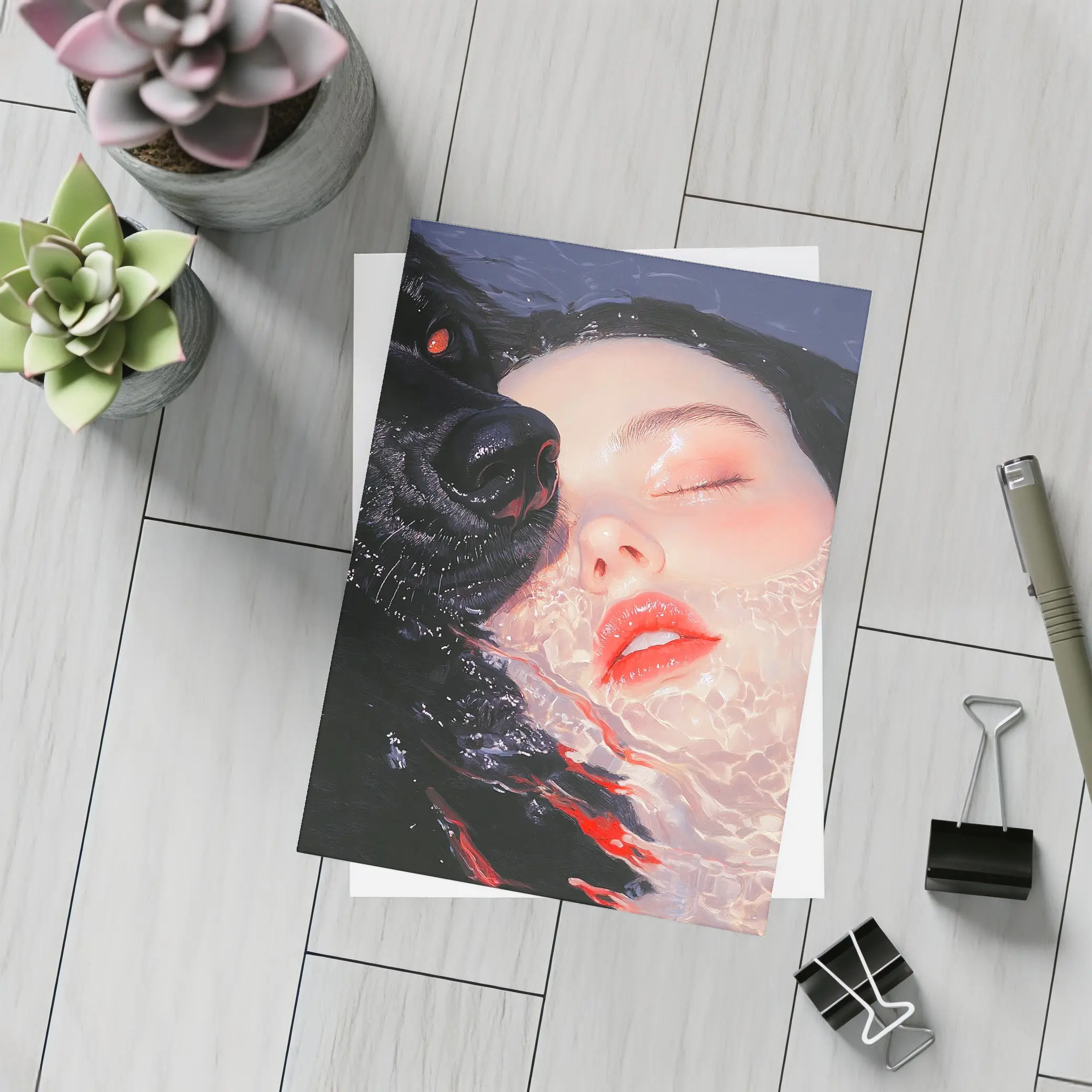 Woman and Black Wolf in Water – Postcards