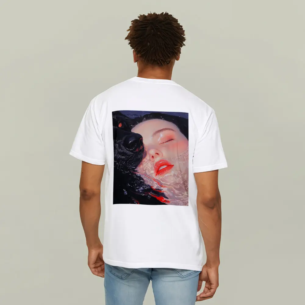 Woman and Black Wolf in Water – T-Shirts