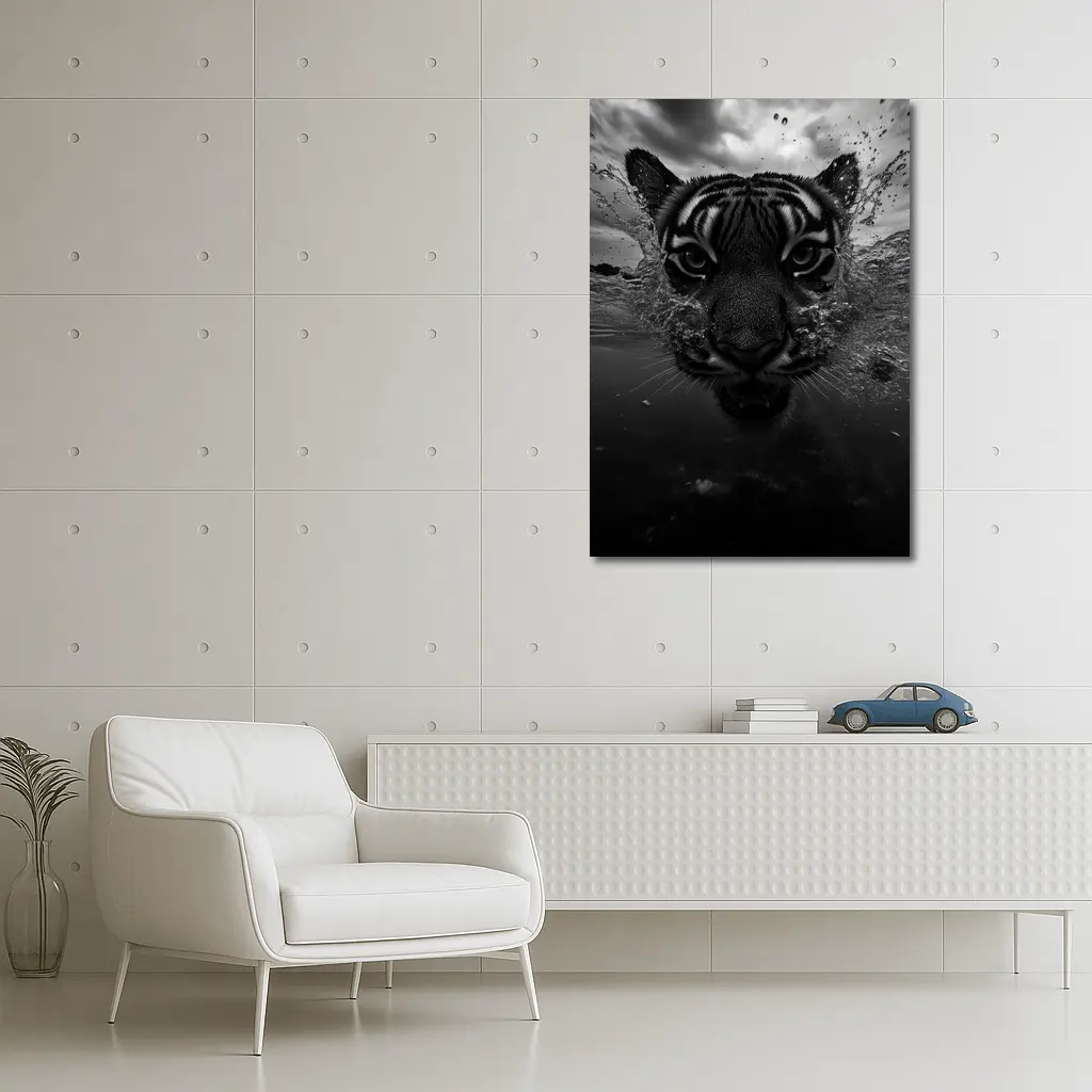 Black White Tiger Swimming Dark Water – Wall Art