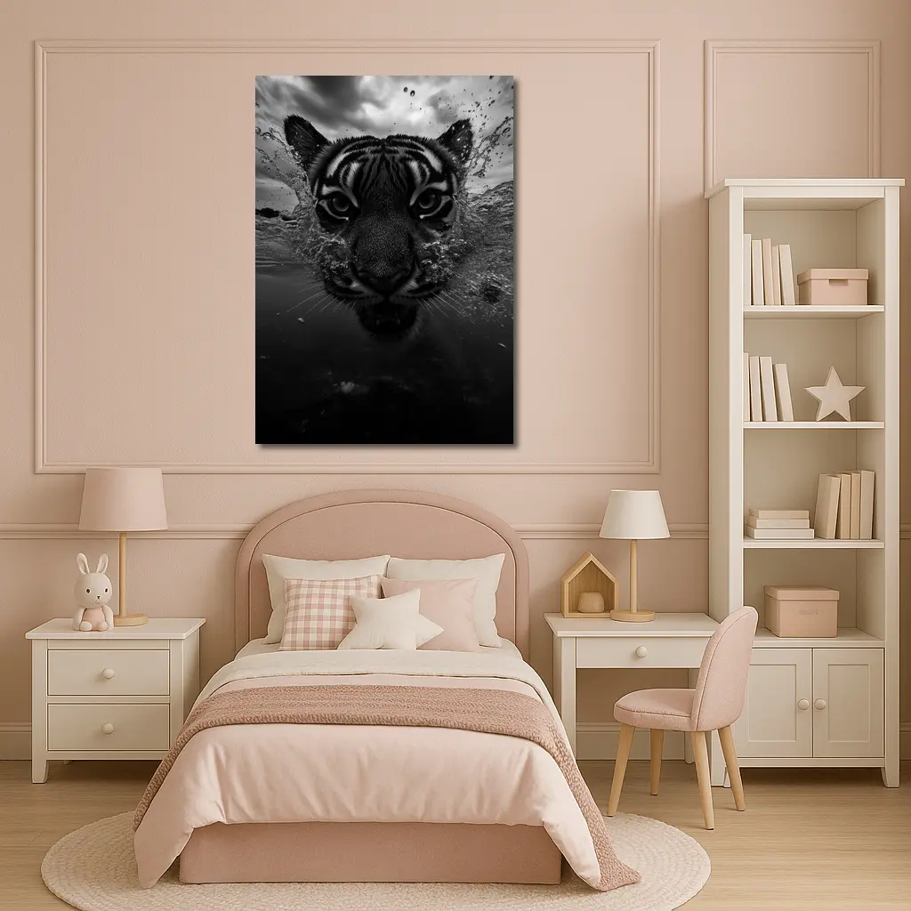 Black White Tiger Swimming Dark Water – Wall Art
