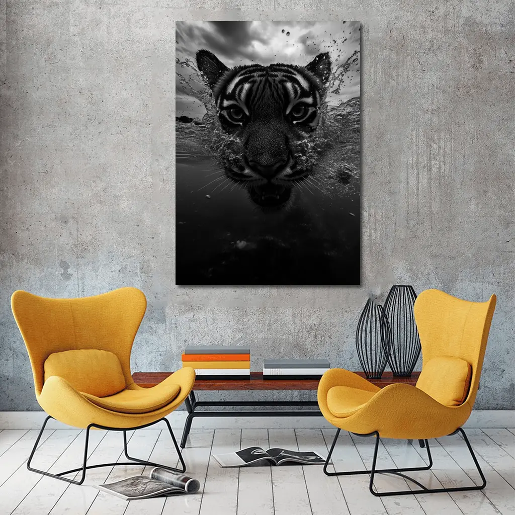 Black White Tiger Swimming Dark Water – Wall Art