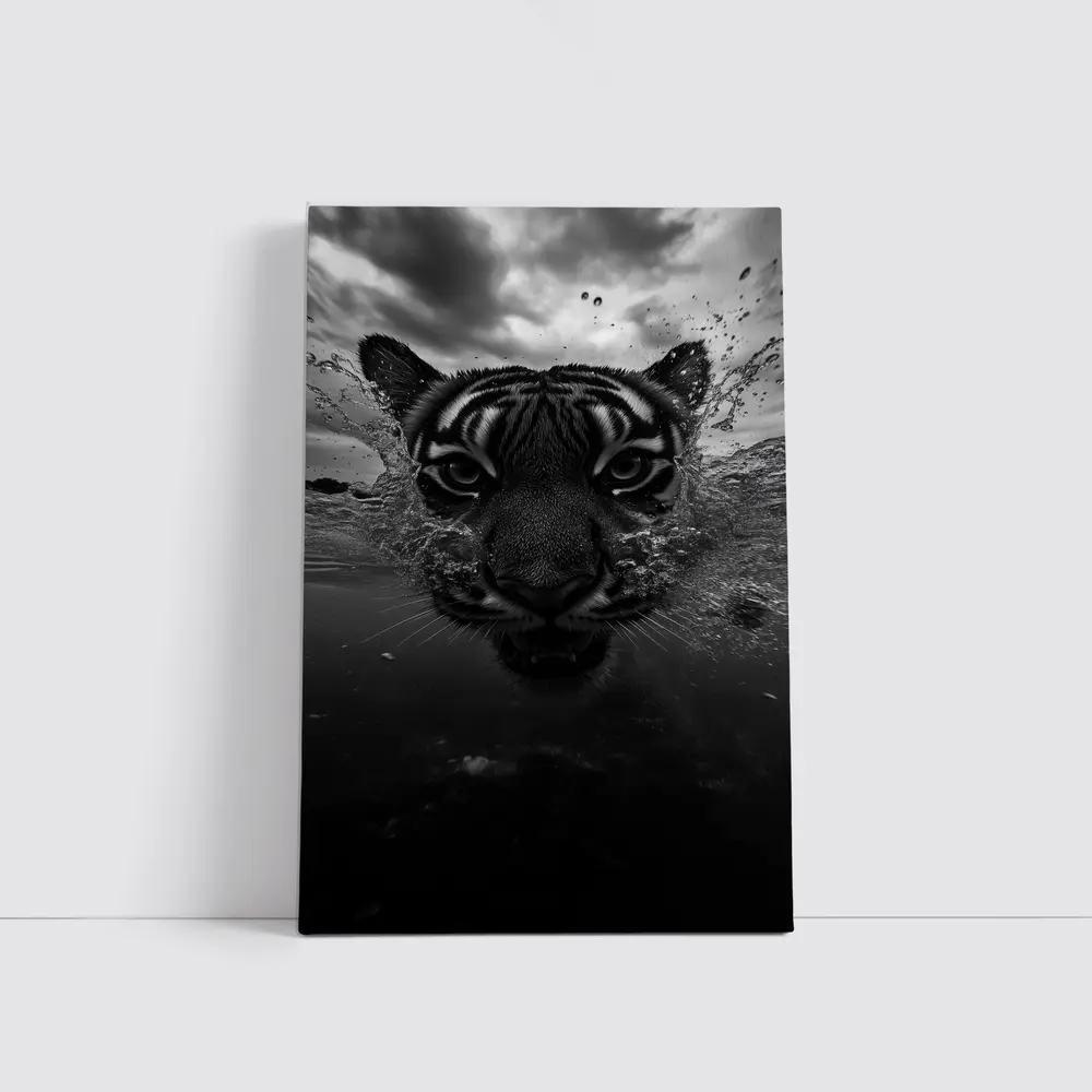 Black White Tiger Swimming Dark Water – Wall Art