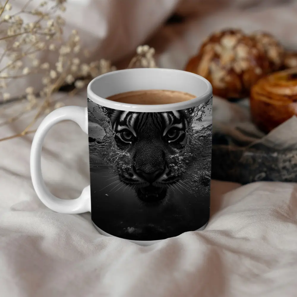 Black White Tiger Swimming Dark Water – Mugs