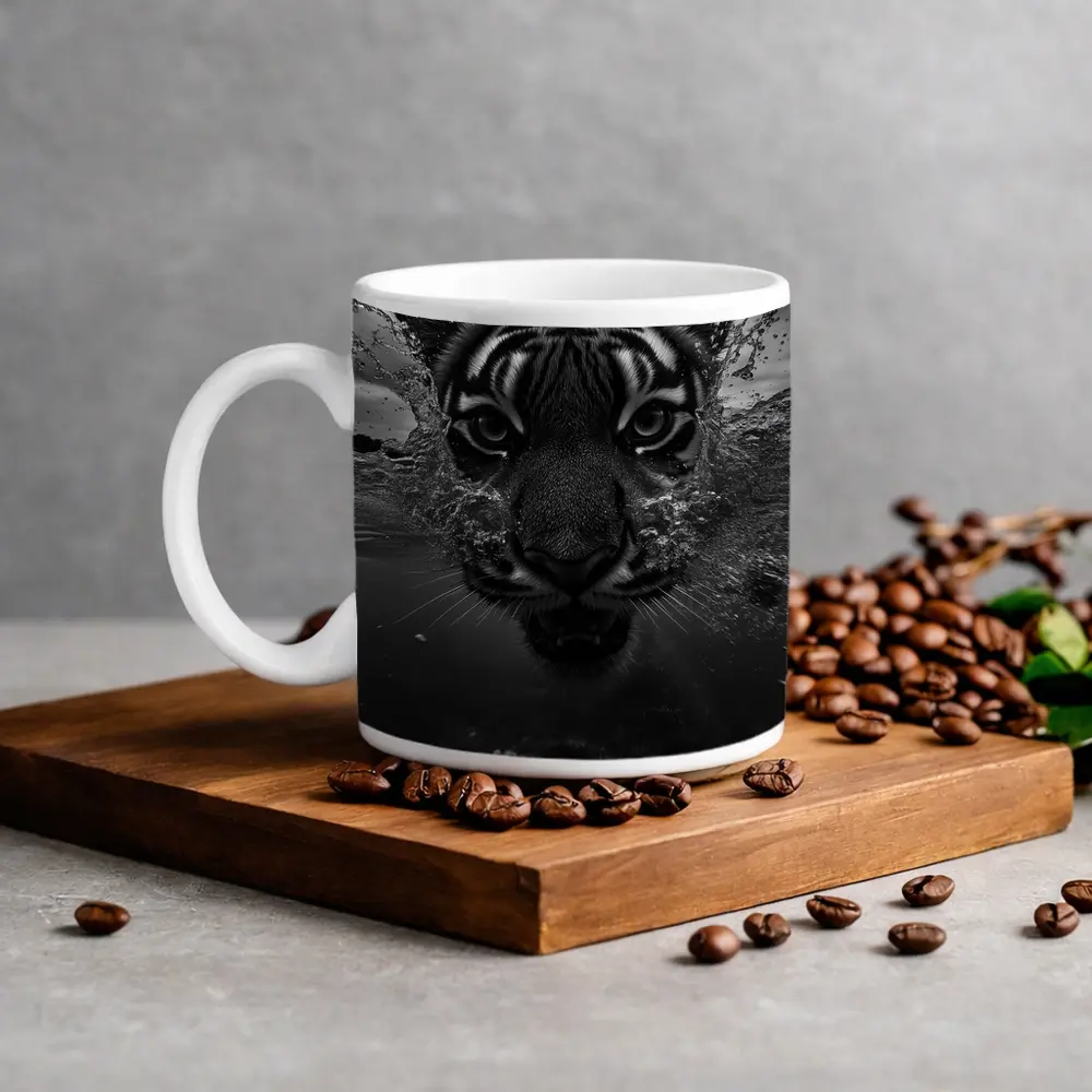 Black White Tiger Swimming Dark Water – Mugs