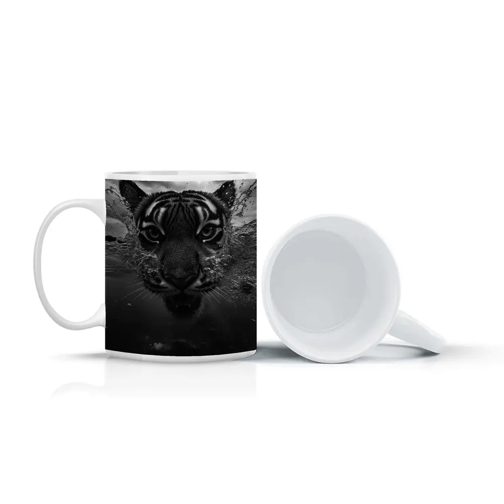Black White Tiger Swimming Dark Water – Mugs