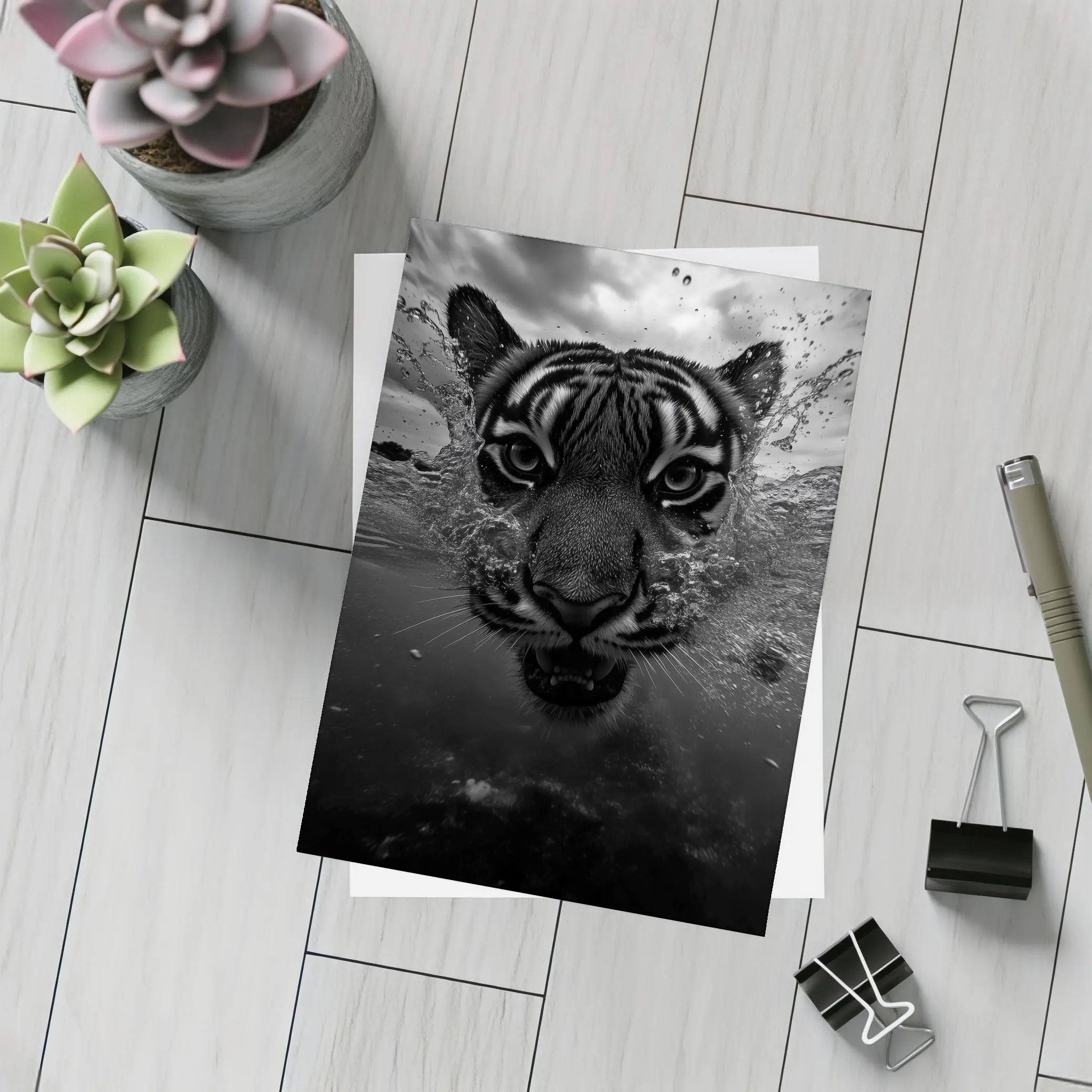 Black White Tiger Swimming Dark Water – Postcards
