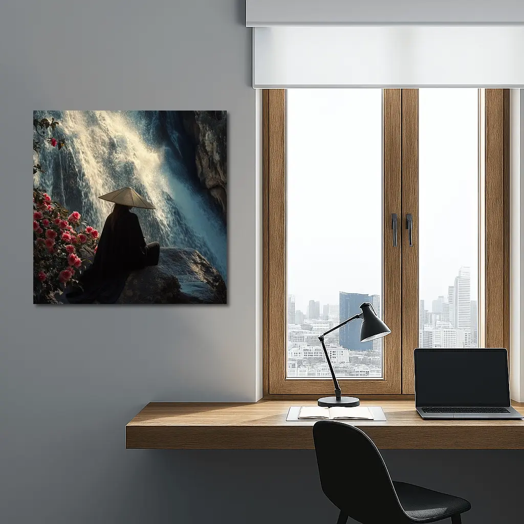 Cloaked Figure Meditating Before Waterfall Flowers – Wall Art