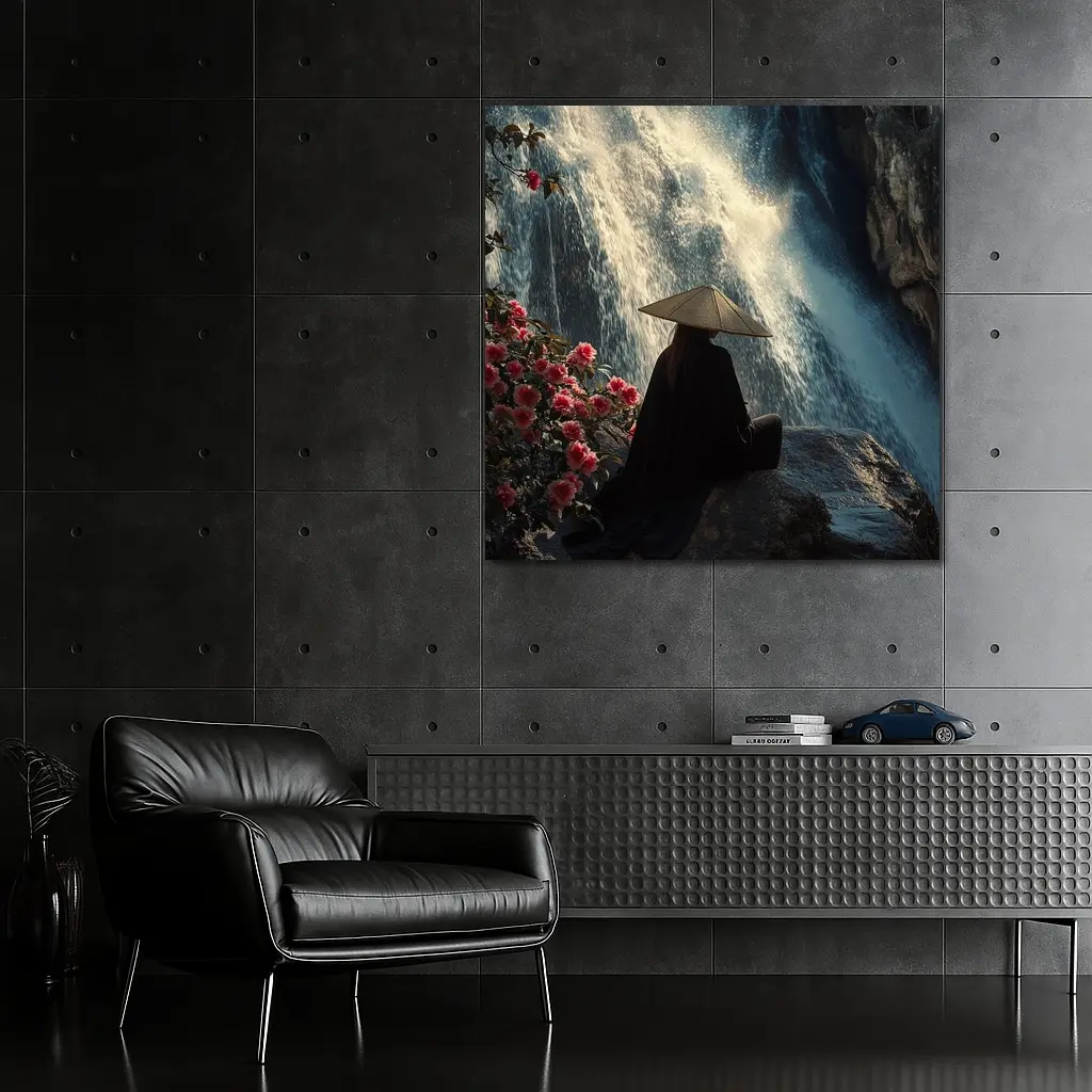 Cloaked Figure Meditating Before Waterfall Flowers – Wall Art