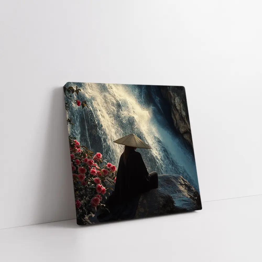 Cloaked Figure Meditating Before Waterfall Flowers – Wall Art
