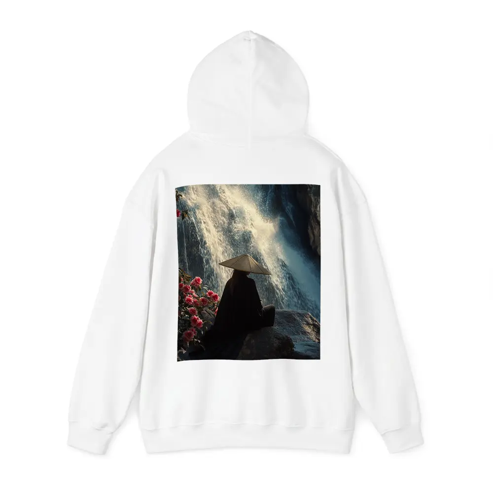 Cloaked Figure Meditating Before Waterfall Flowers – Hoodies