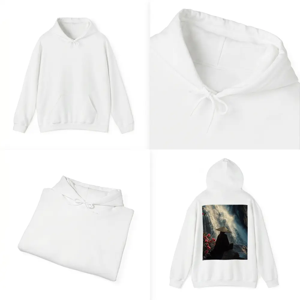 Cloaked Figure Meditating Before Waterfall Flowers – Hoodies