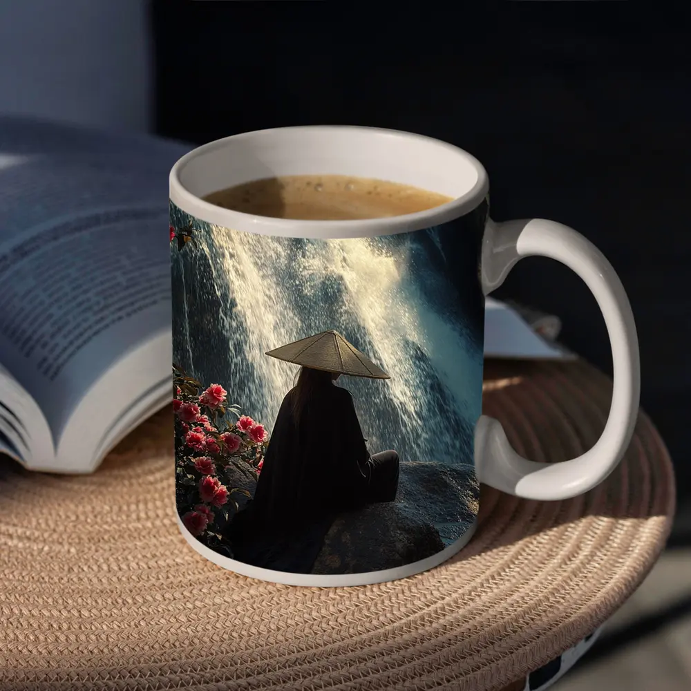 Cloaked Figure Meditating Before Waterfall Flowers – Mugs