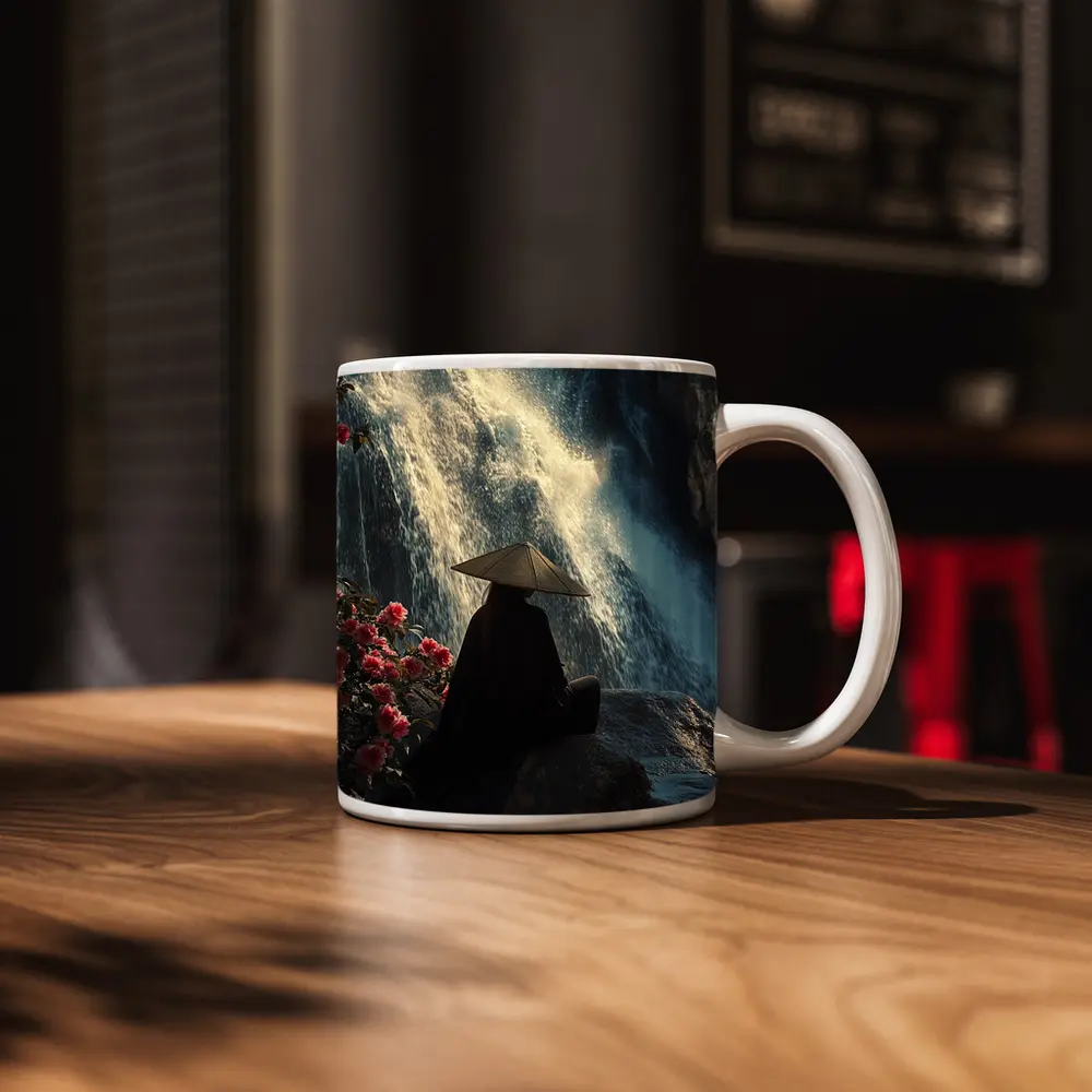 Cloaked Figure Meditating Before Waterfall Flowers – Mugs