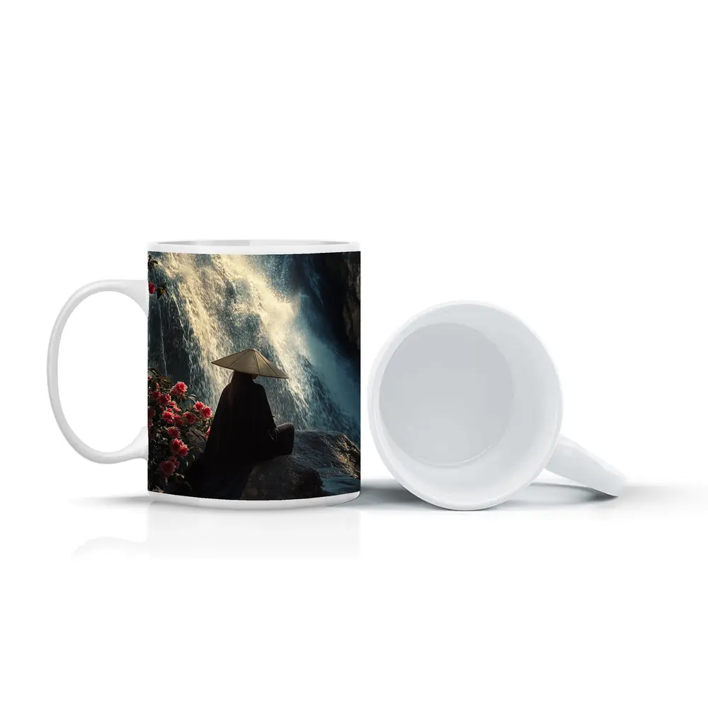 Cloaked Figure Meditating Before Waterfall Flowers – Mugs