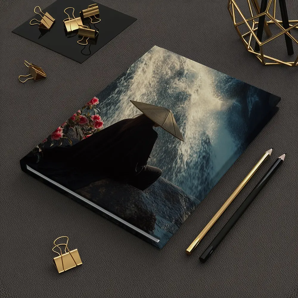 Cloaked Figure Meditating Before Waterfall Flowers – Notebooks