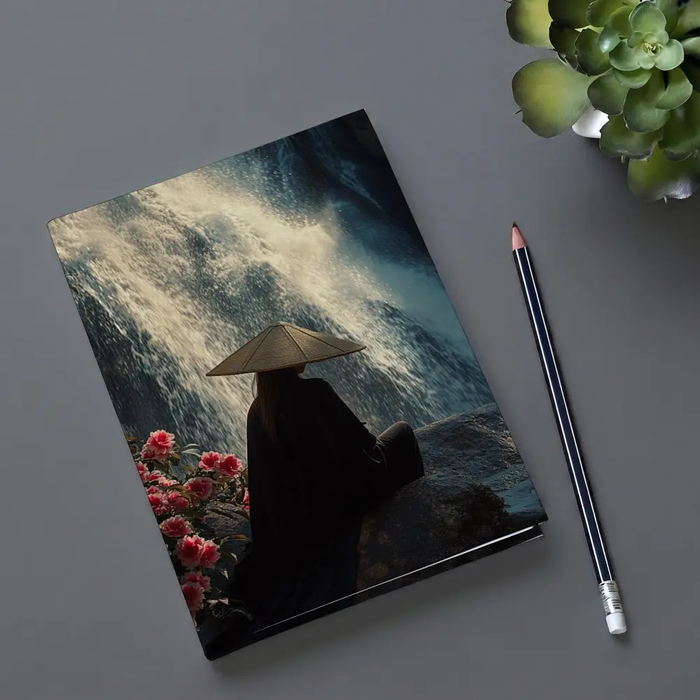 Cloaked Figure Meditating Before Waterfall Flowers – Notebooks