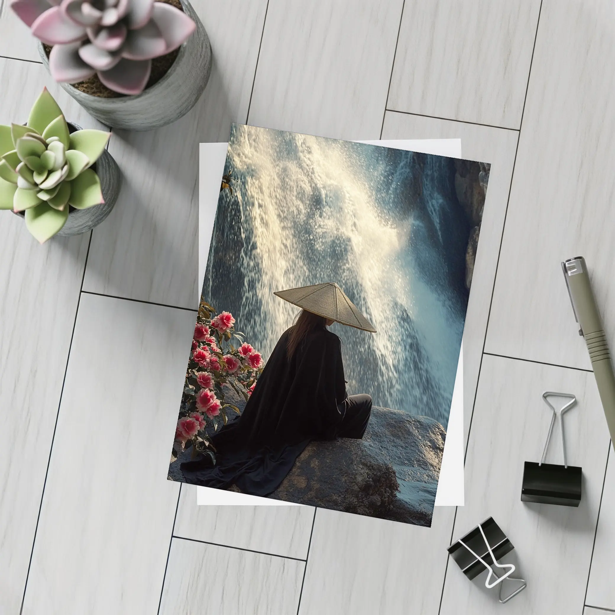 Cloaked Figure Meditating Before Waterfall Flowers – Postcards