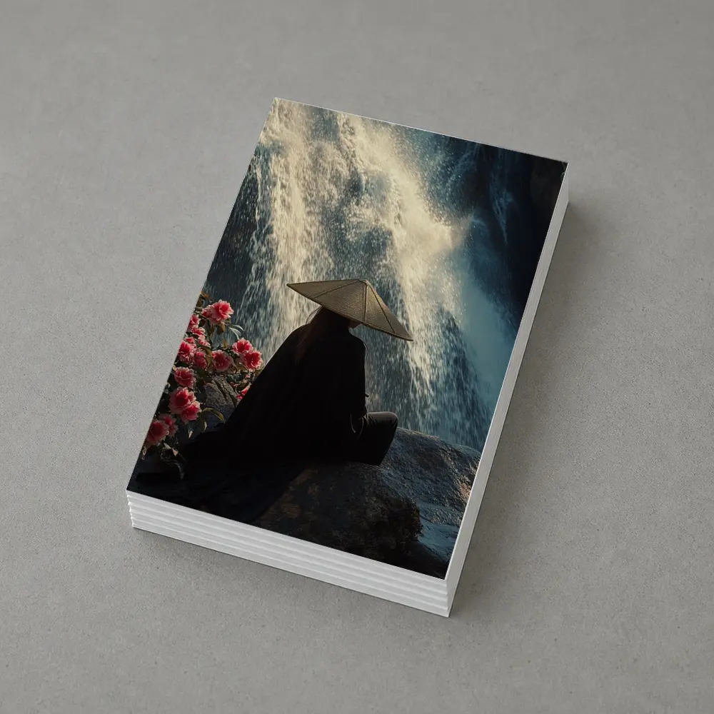 Cloaked Figure Meditating Before Waterfall Flowers – Postcards