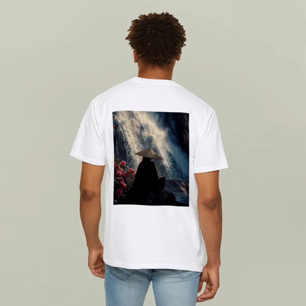 Cloaked Figure Meditating Before Waterfall Flowers – T-Shirts