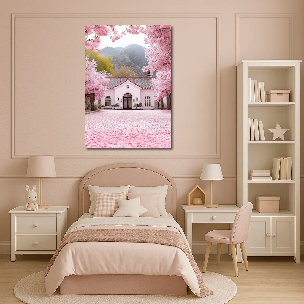 Cherry Blossom Trees Pink Cottage Mountain Scene – Wall Art