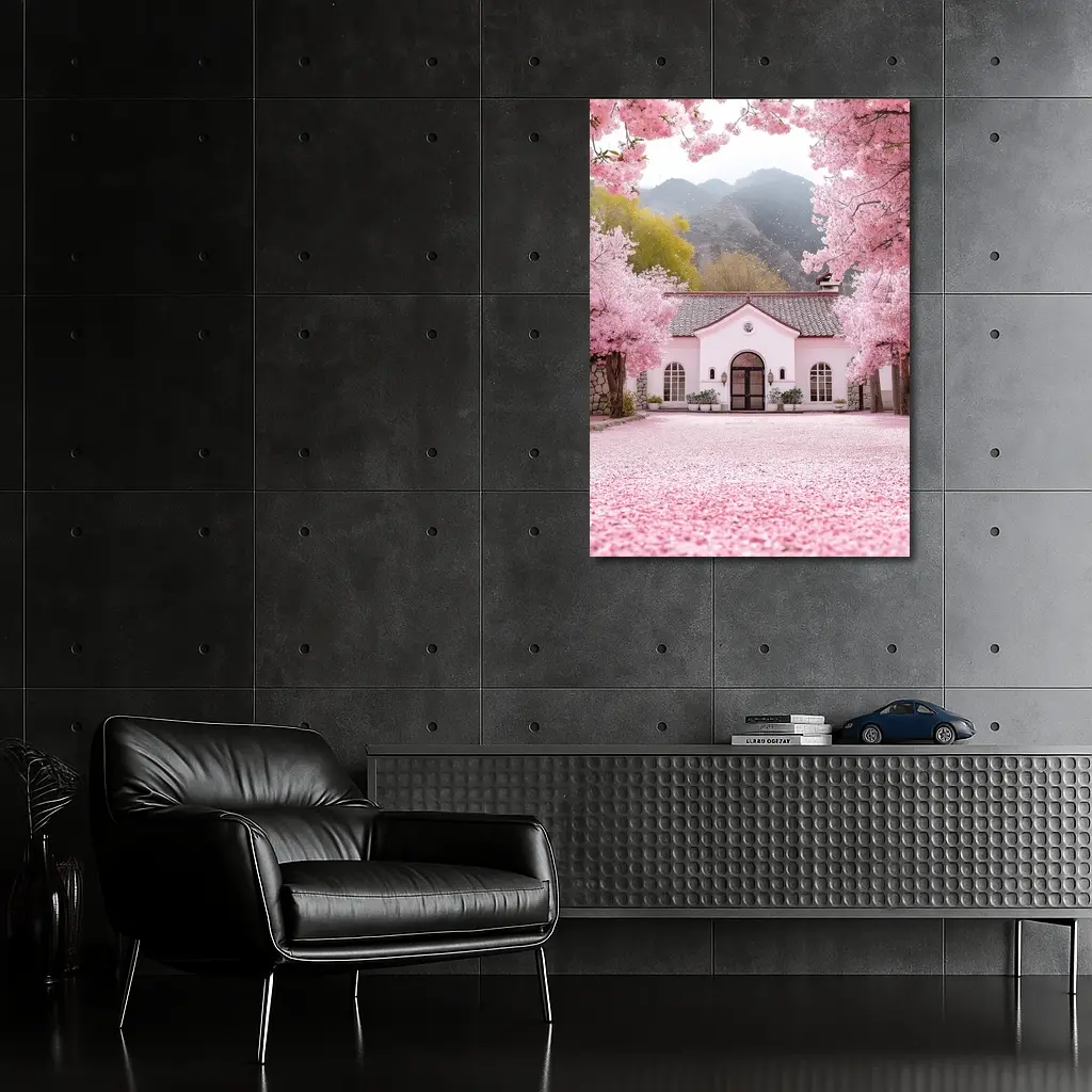 Cherry Blossom Trees Pink Cottage Mountain Scene – Wall Art