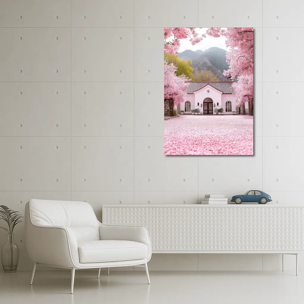 Cherry Blossom Trees Pink Cottage Mountain Scene – Wall Art