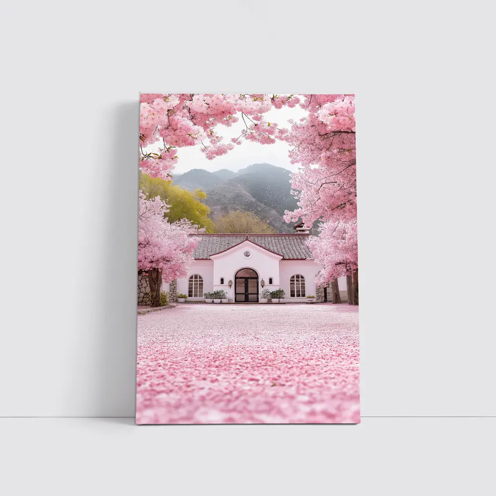 Cherry Blossom Trees Pink Cottage Mountain Scene – Wall Art