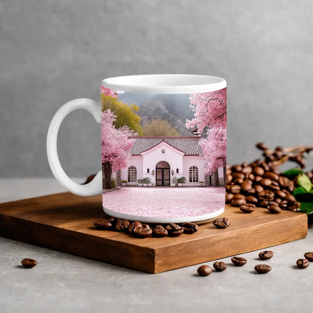 Cherry Blossom Trees Pink Cottage Mountain Scene – Mugs