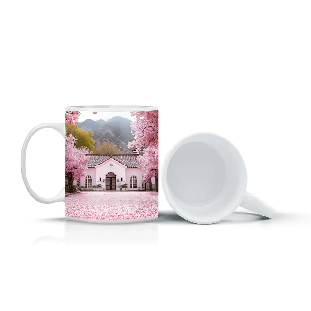 Cherry Blossom Trees Pink Cottage Mountain Scene – Mugs
