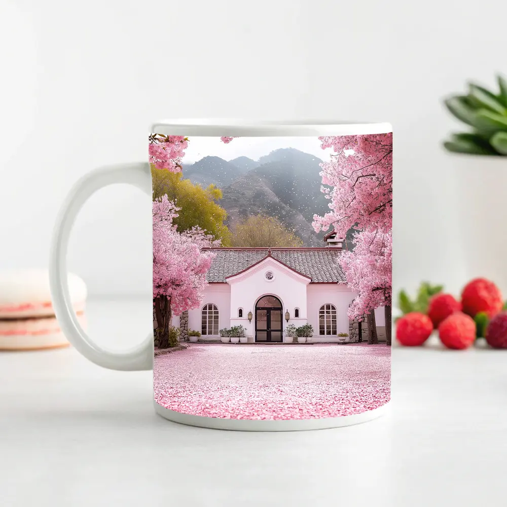 Cherry Blossom Trees Pink Cottage Mountain Scene – Mugs