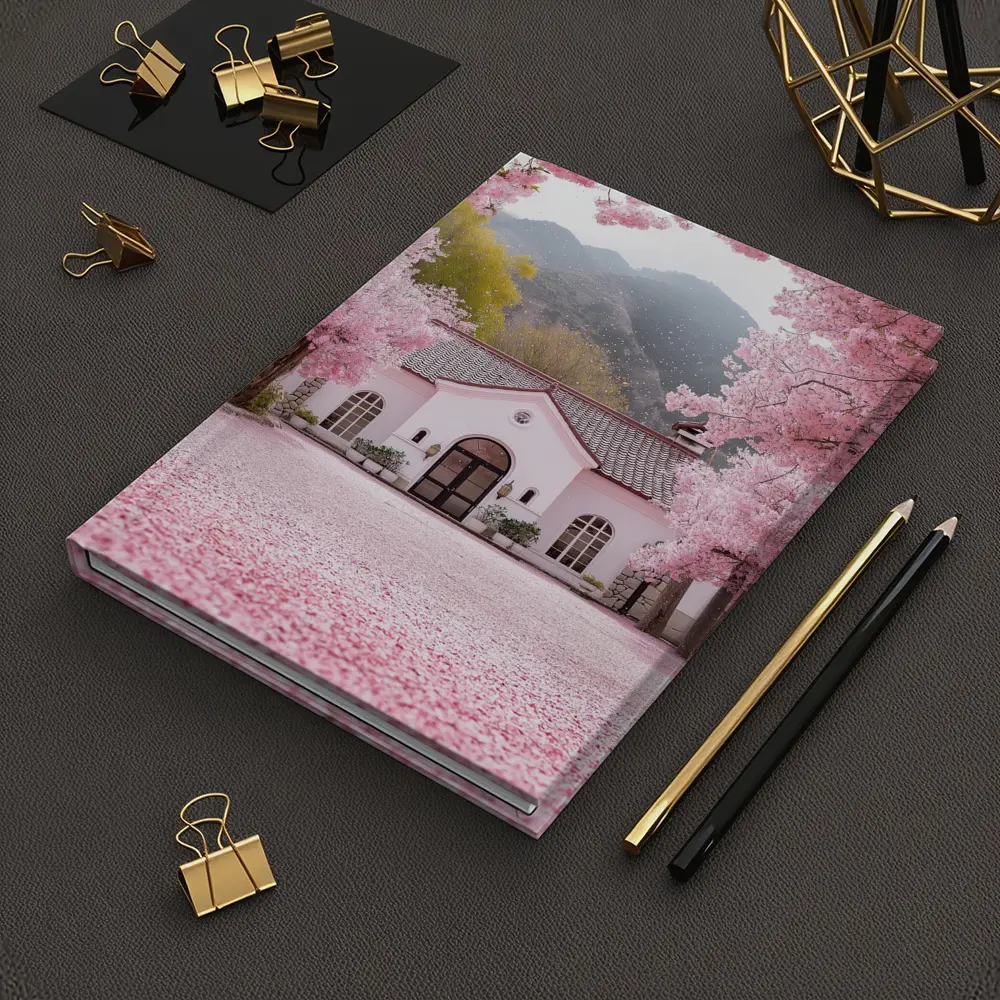 Cherry Blossom Trees Pink Cottage Mountain Scene – Notebooks