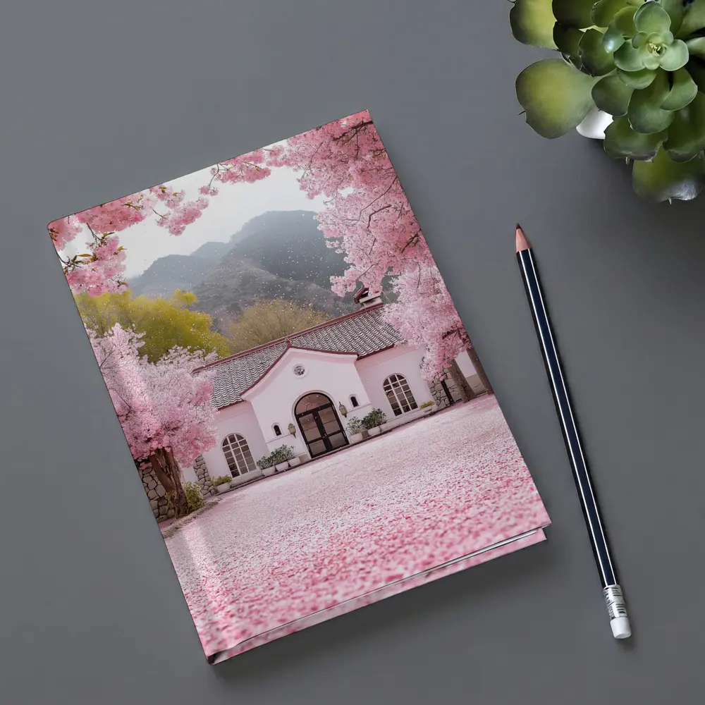 Cherry Blossom Trees Pink Cottage Mountain Scene – Notebooks