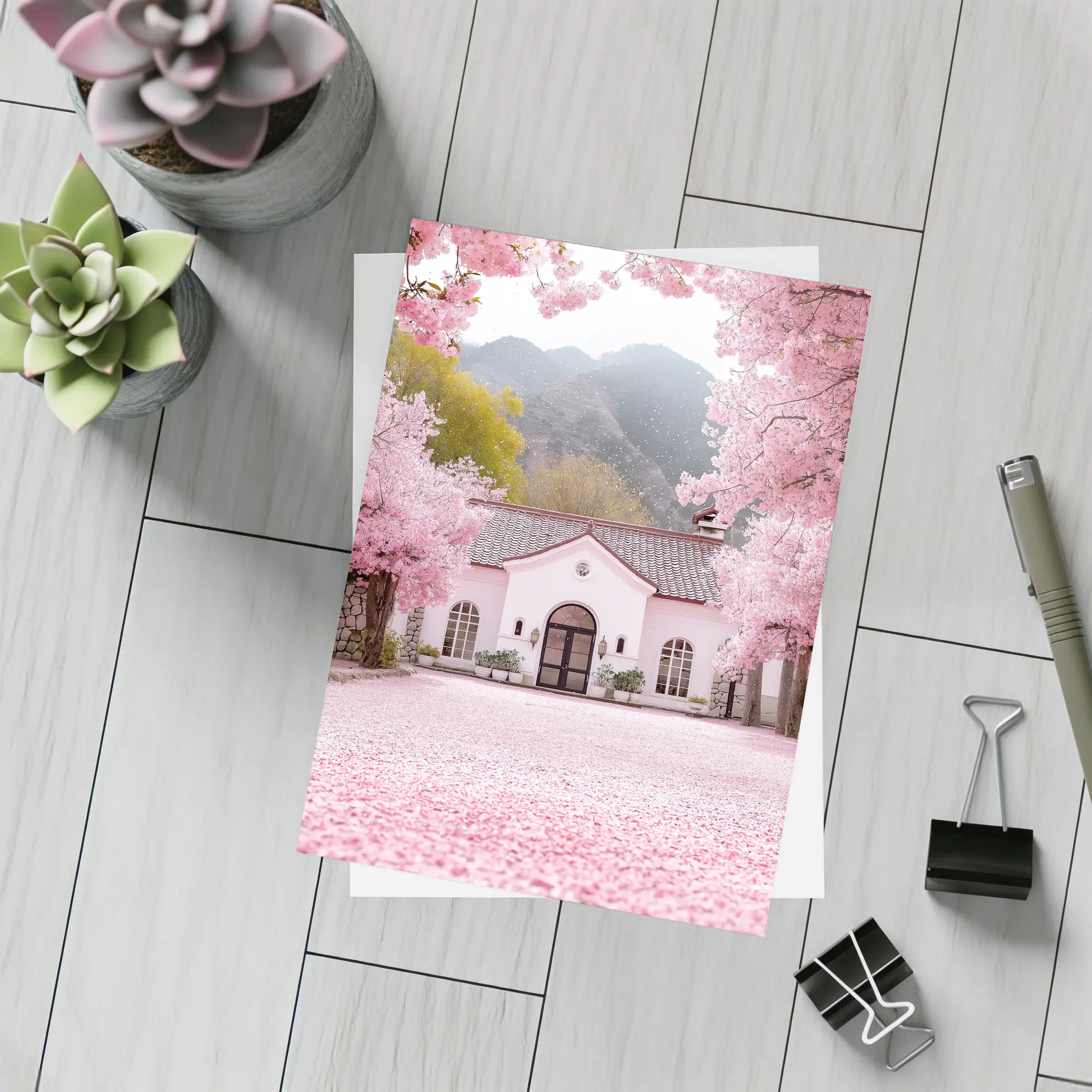 Cherry Blossom Trees Pink Cottage Mountain Scene – Postcards
