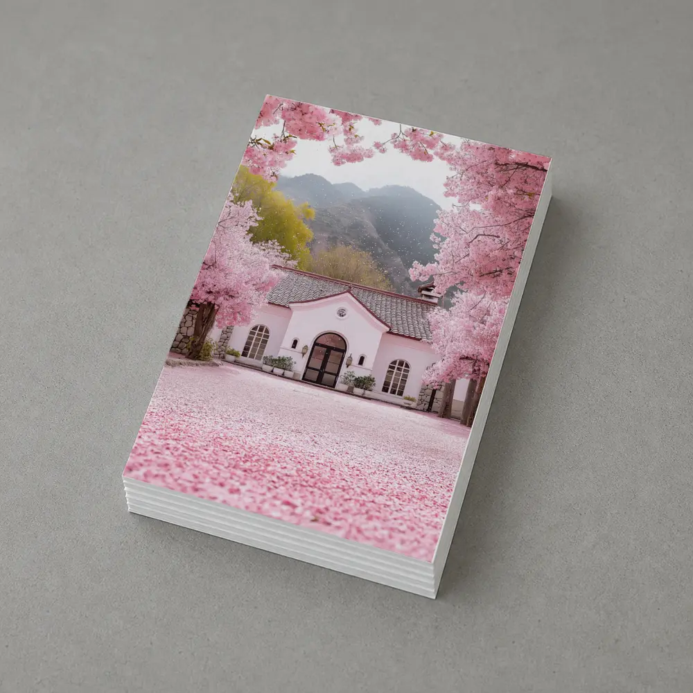Cherry Blossom Trees Pink Cottage Mountain Scene – Postcards