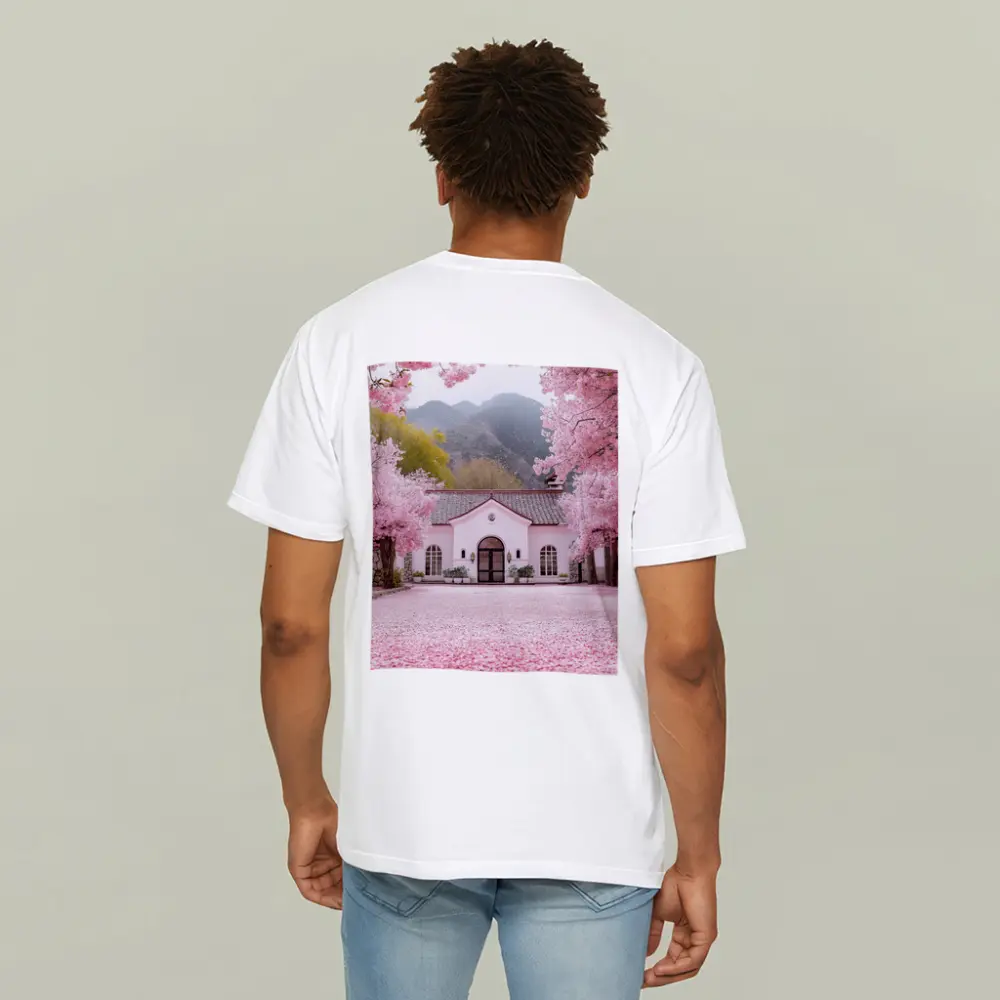 Cherry Blossom Trees Pink Cottage Mountain Scene – T-Shirts