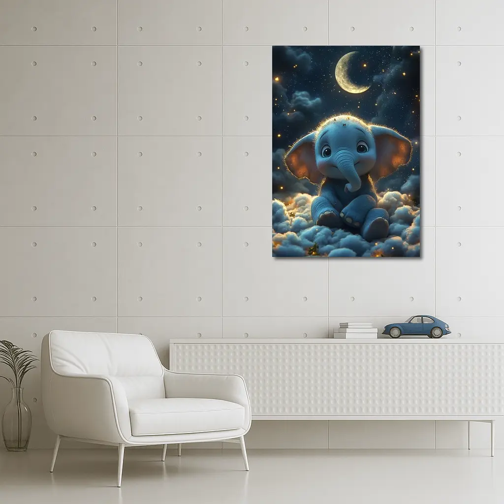 Cute Baby Elephant Sitting On Clouds Night – Wall Art
