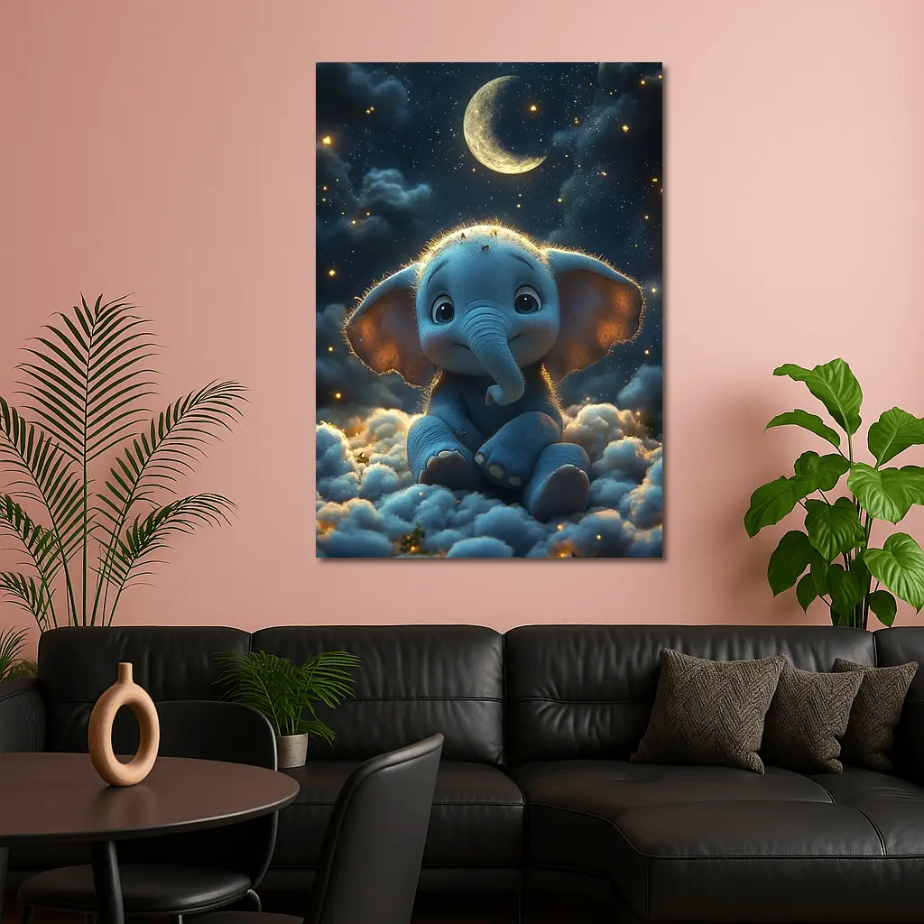 Cute Baby Elephant Sitting On Clouds Night – Wall Art