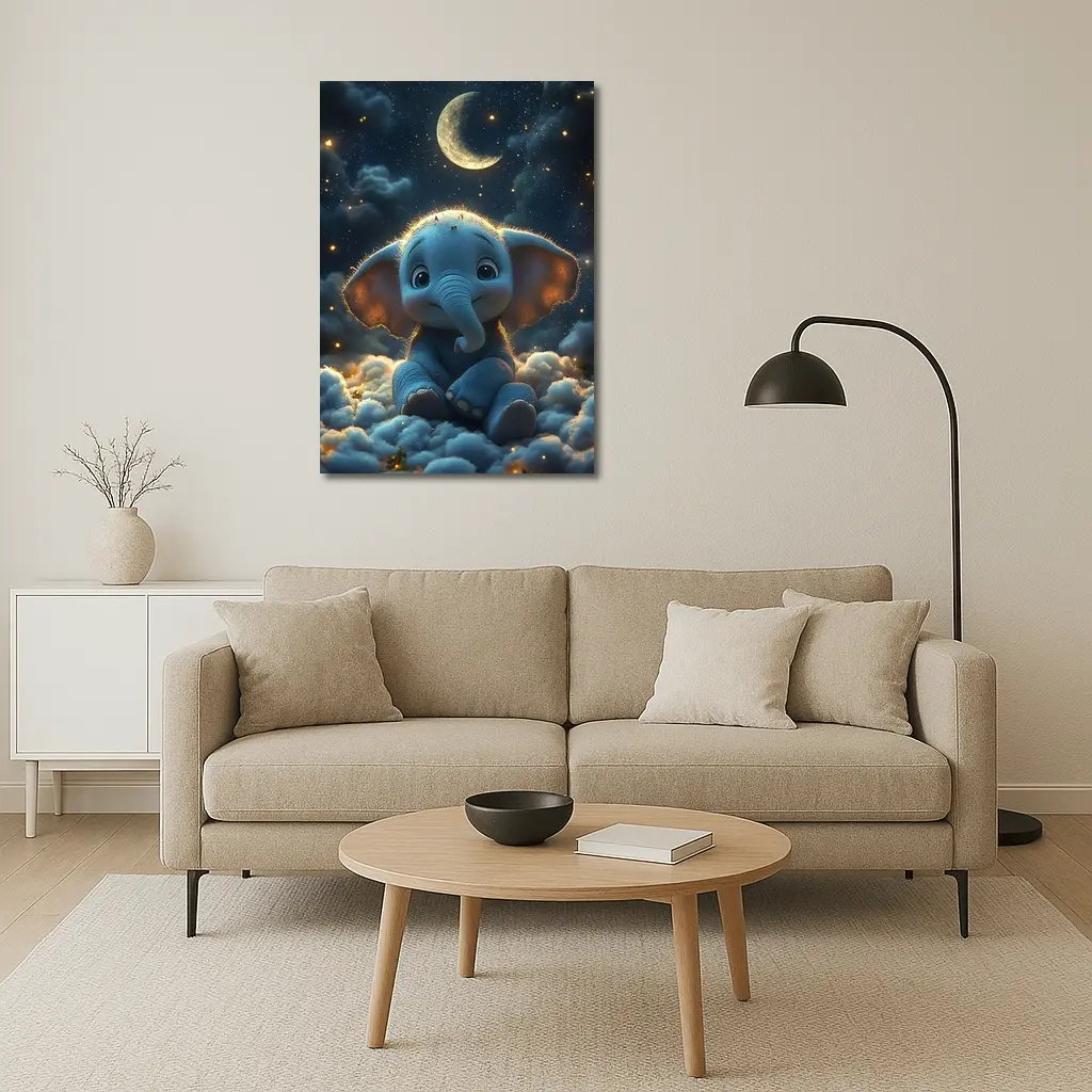 Cute Baby Elephant Sitting On Clouds Night – Wall Art