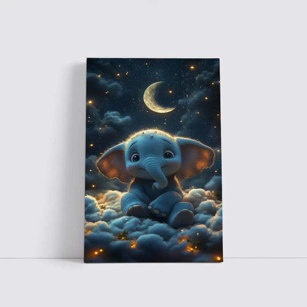 Cute Baby Elephant Sitting On Clouds Night – Wall Art