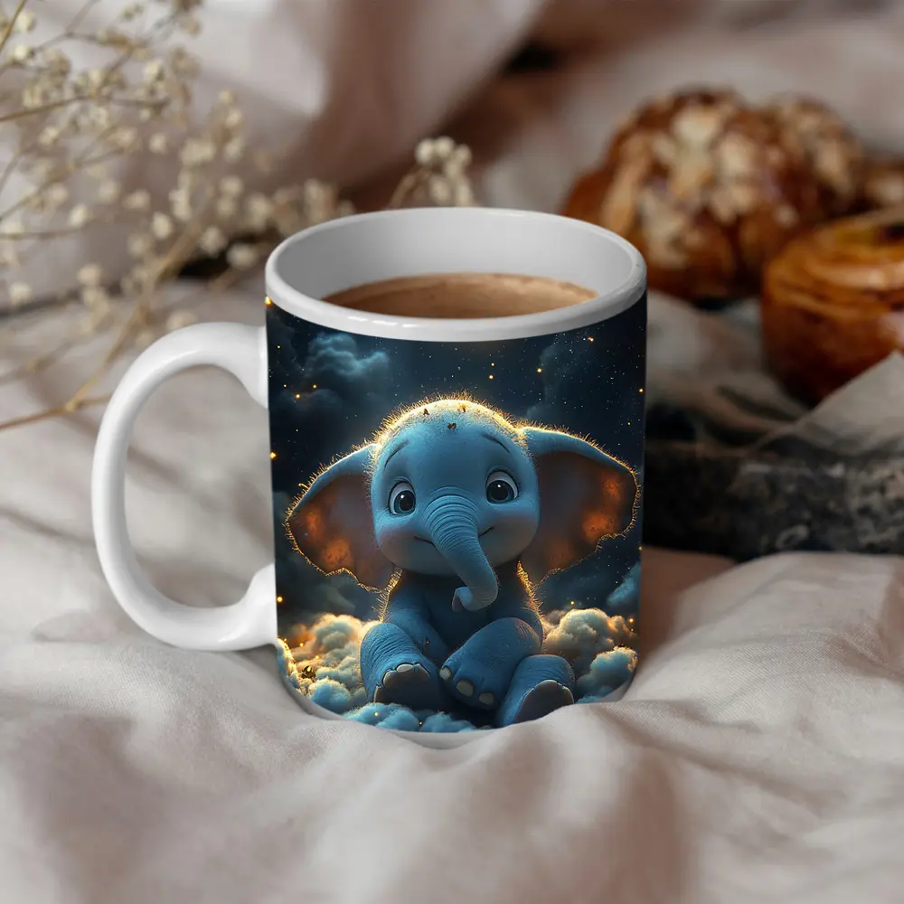 Cute Baby Elephant Sitting On Clouds Night – Mugs