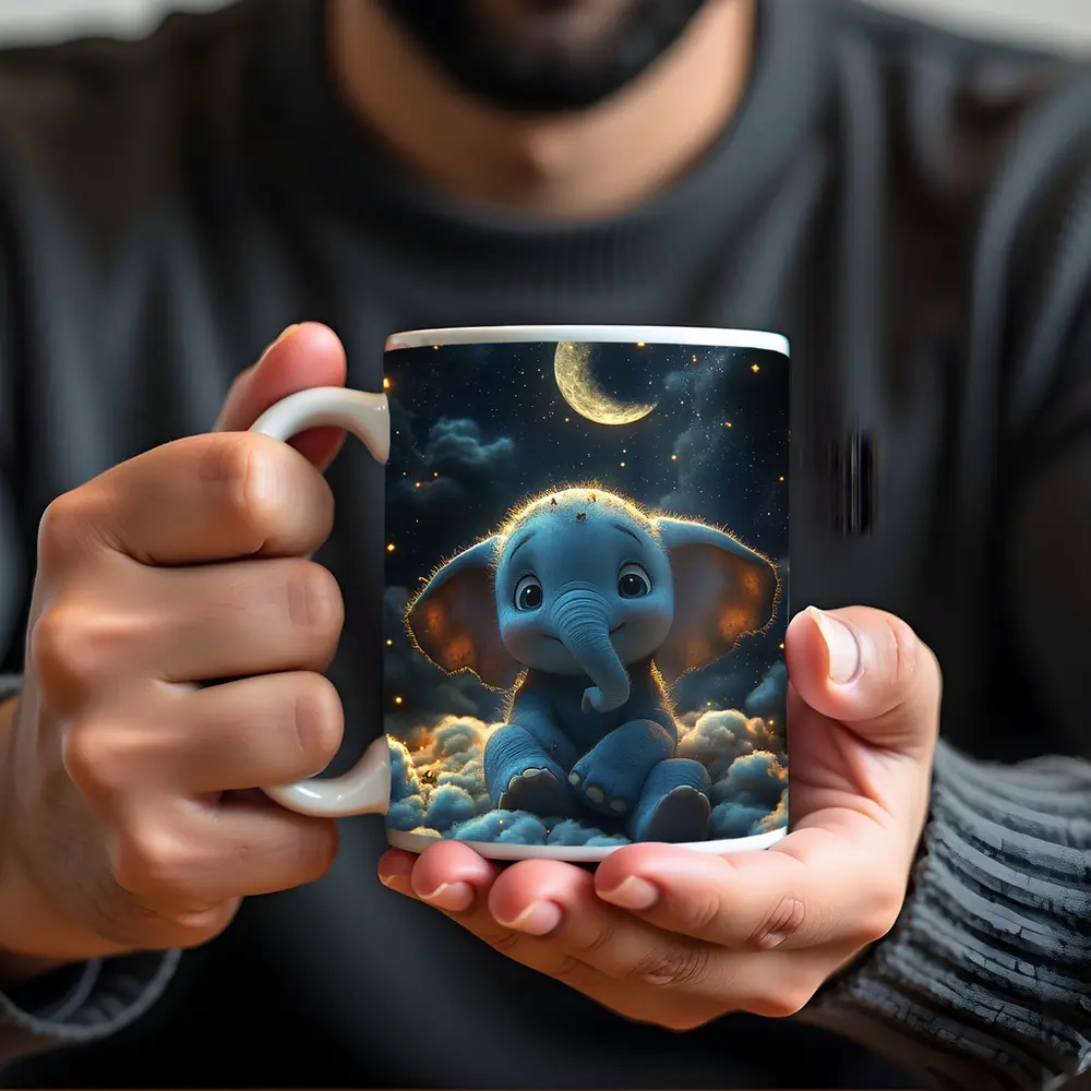 Cute Baby Elephant Sitting On Clouds Night – Mugs