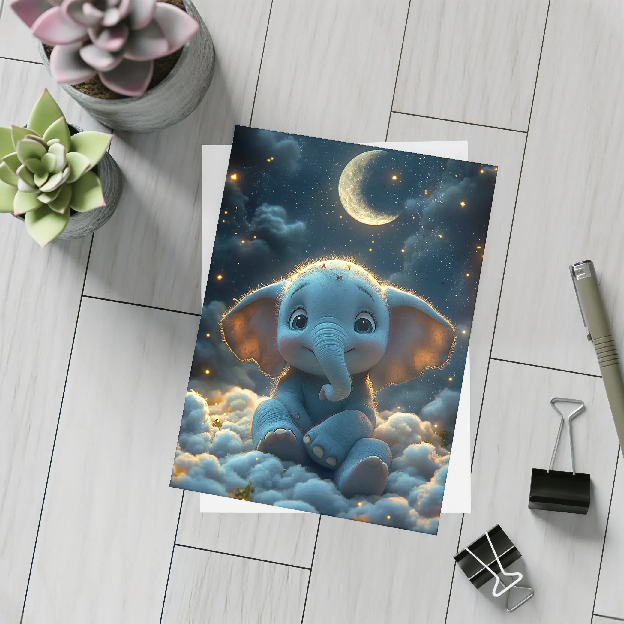 Cute Baby Elephant Sitting On Clouds Night – Postcards