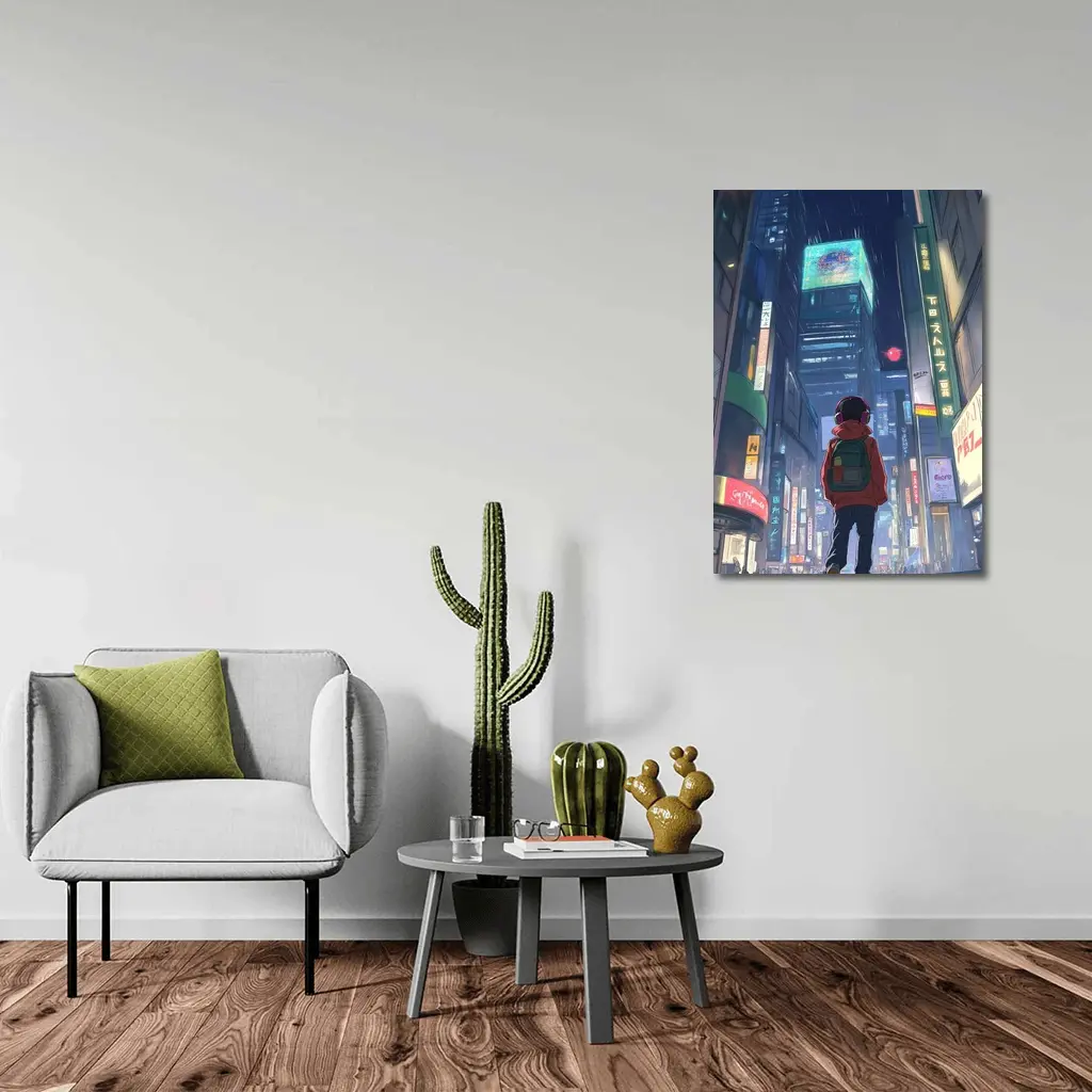 Anime Boy Rainy Neon City Night – Wall Art