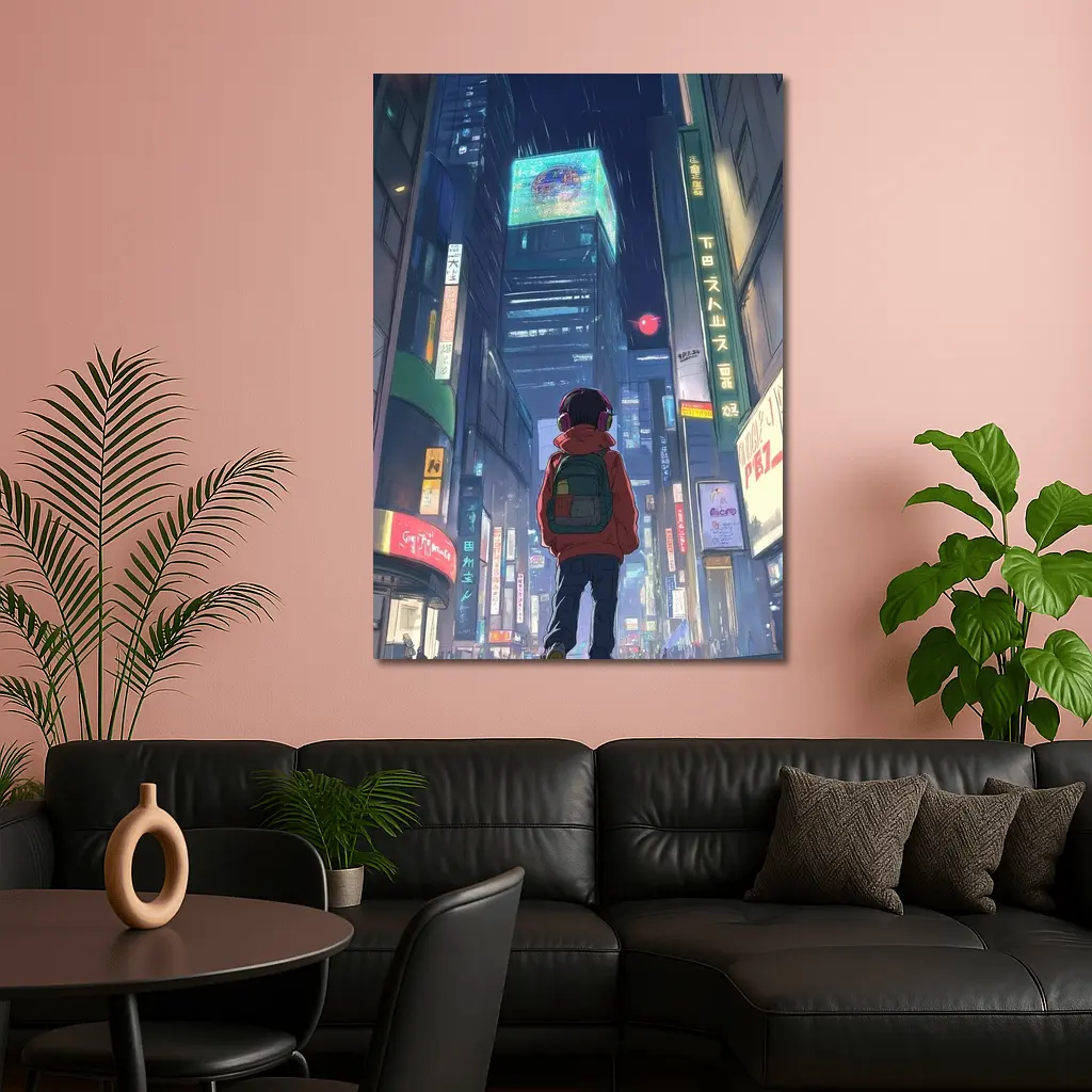 Anime Boy Rainy Neon City Night – Wall Art