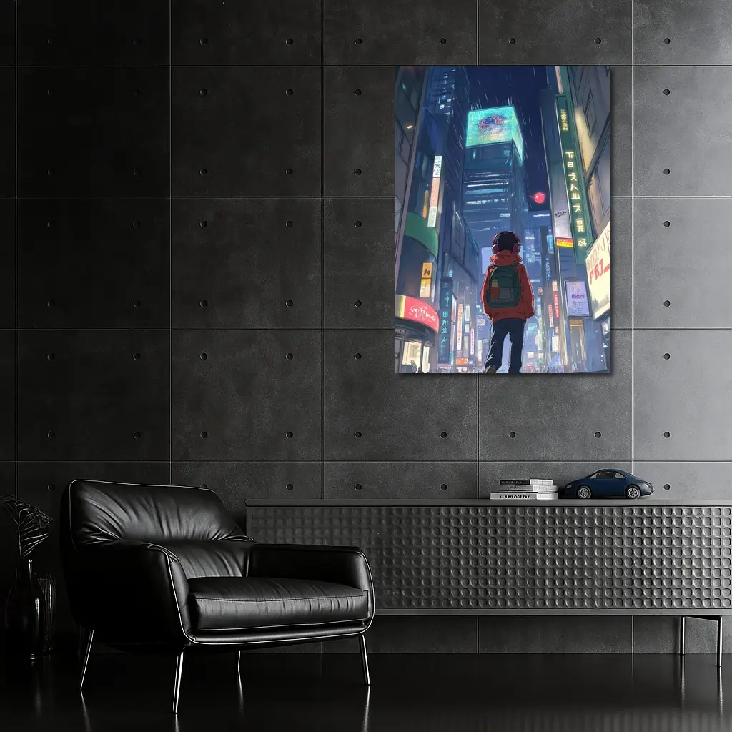 Anime Boy Rainy Neon City Night – Wall Art