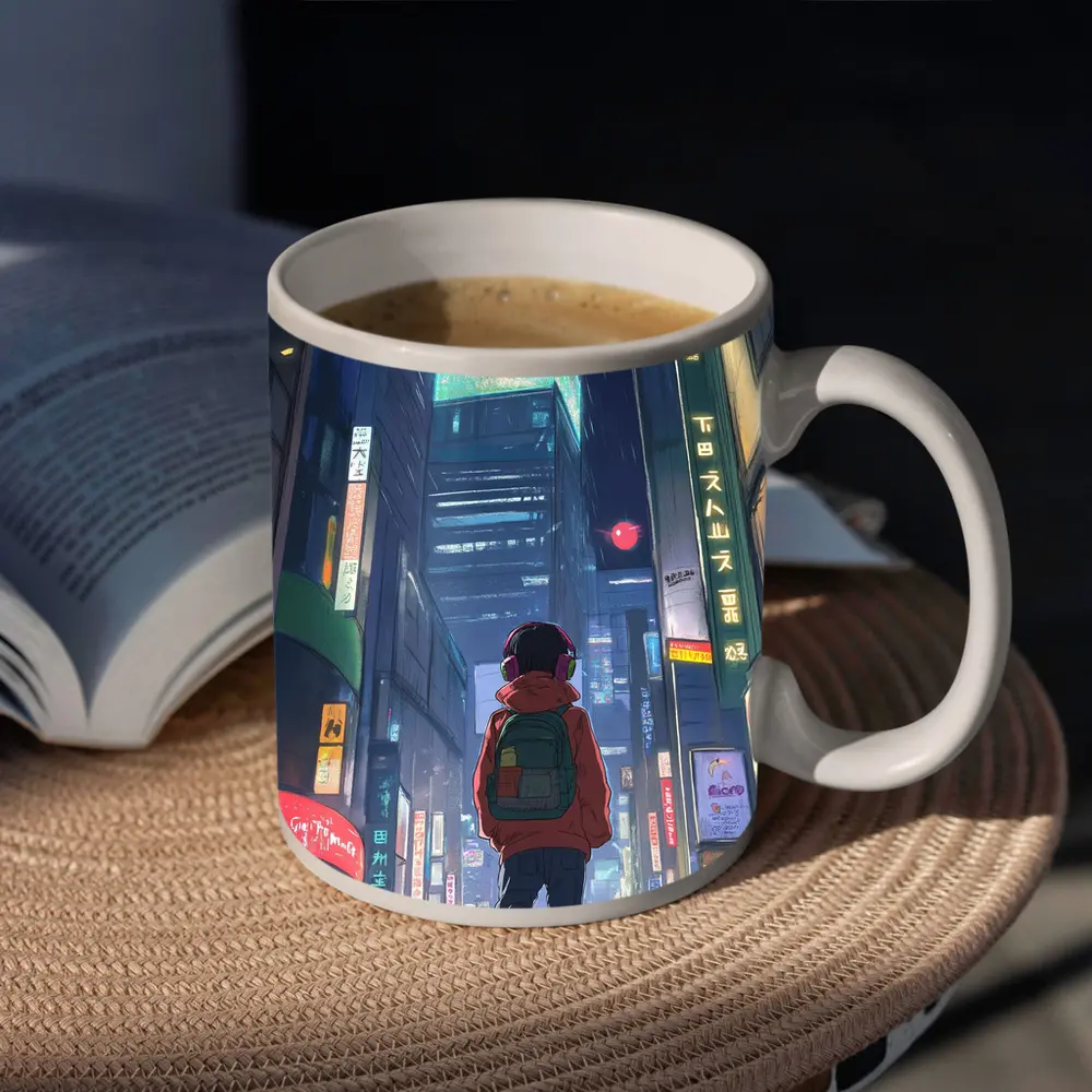 Anime Boy Rainy Neon City Night – Mugs