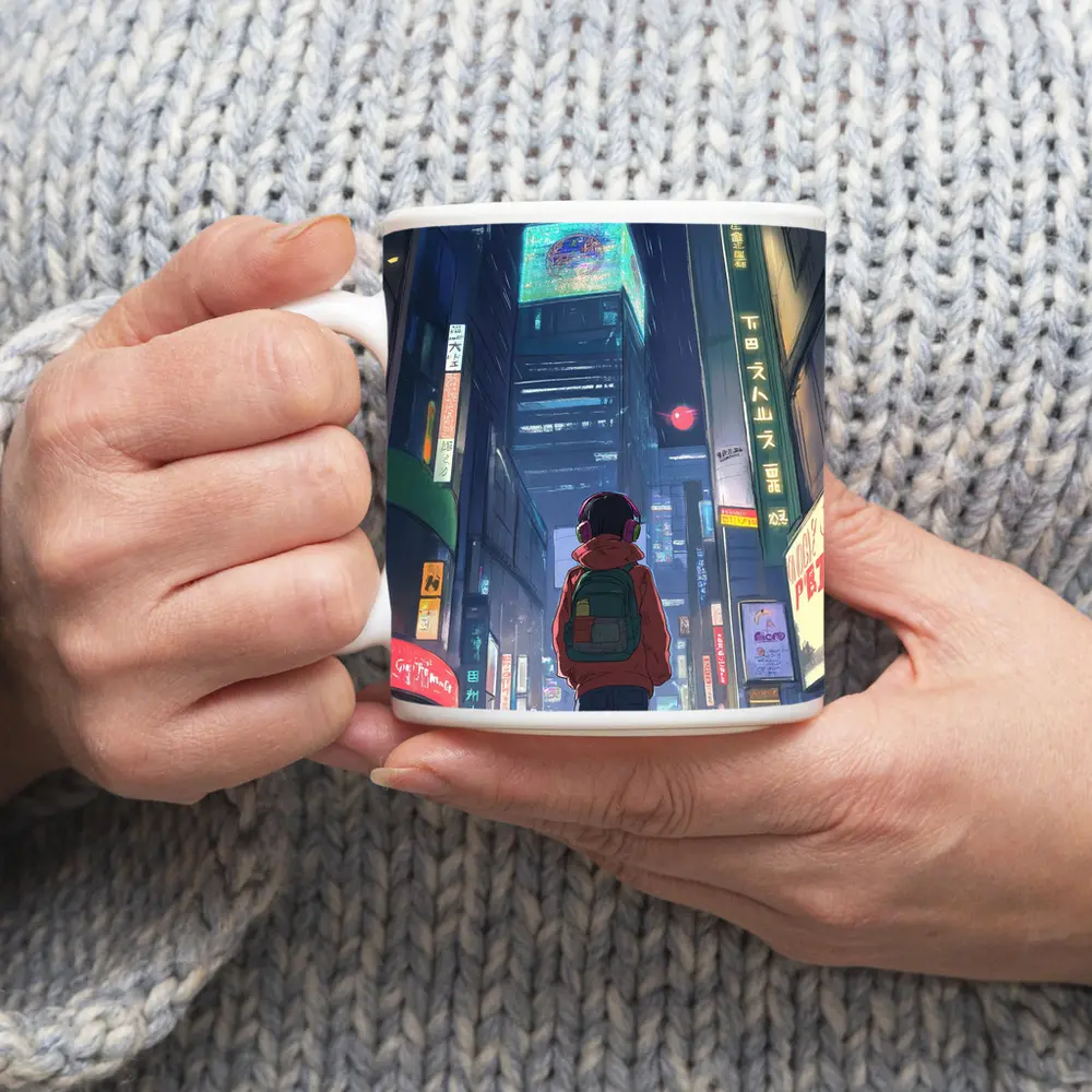 Anime Boy Rainy Neon City Night – Mugs
